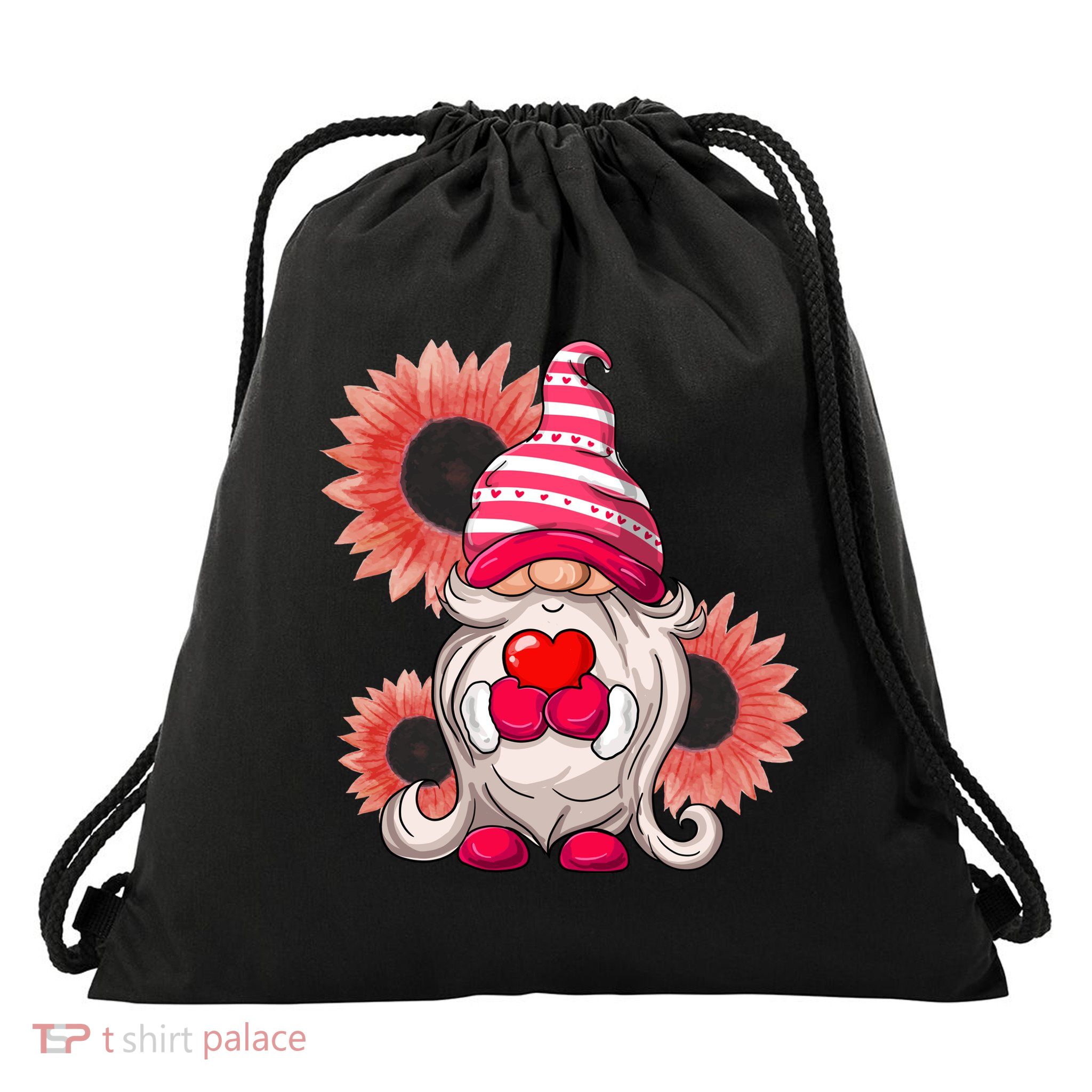 Happy Valentine's Day Gnome Sunflower Drawstring Bag