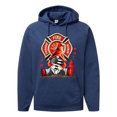 Happy Valentines Firefighter Gnome I Love My Firefighter Gift Performance Fleece Hoodie