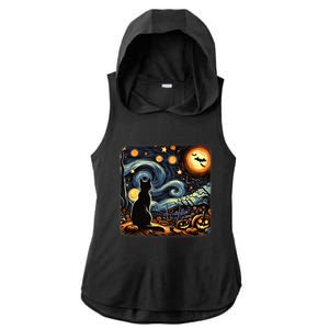 Halloween Van Gogh Starry Night Black Cat Pumpkins Bat Ladies PosiCharge Tri-Blend Wicking Draft Hoodie Tank