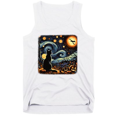 Halloween Van Gogh Starry Night Black Cat Pumpkins Bat Tank Top