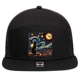 Halloween Van Gogh Starry Night Black Cat Pumpkins Bats 7 Panel Mesh Trucker Snapback Hat