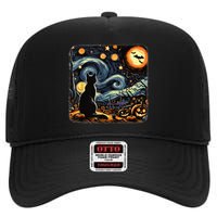 Halloween Van Gogh Starry Night Black Cat Pumpkins Bats High Crown Mesh Back Trucker Hat