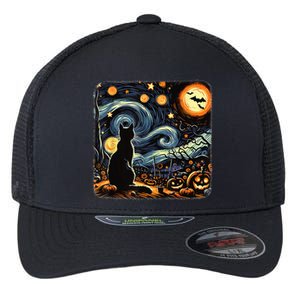 Halloween Van Gogh Starry Night Black Cat Pumpkins Bats Flexfit Unipanel Trucker Cap