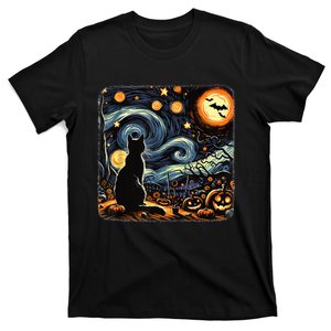 Halloween Van Gogh Starry Night Black Cat Pumpkins Bats T-Shirt