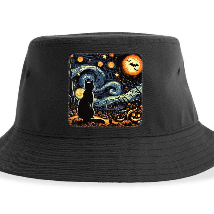 Halloween Van Gogh Starry Night Black Cat Pumpkins Bats Sustainable Bucket Hat