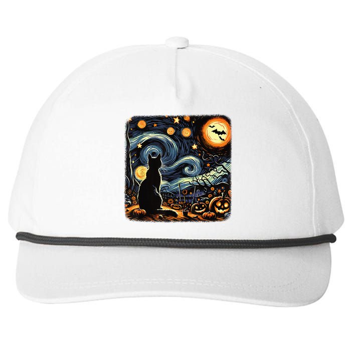 Halloween Van Gogh Starry Night Black Cat Pumpkins Bats Snapback Five-Panel Rope Hat