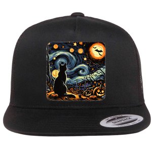 Halloween Van Gogh Starry Night Black Cat Pumpkins Bats Flat Bill Trucker Hat