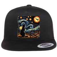 Halloween Van Gogh Starry Night Black Cat Pumpkins Bats Flat Bill Trucker Hat