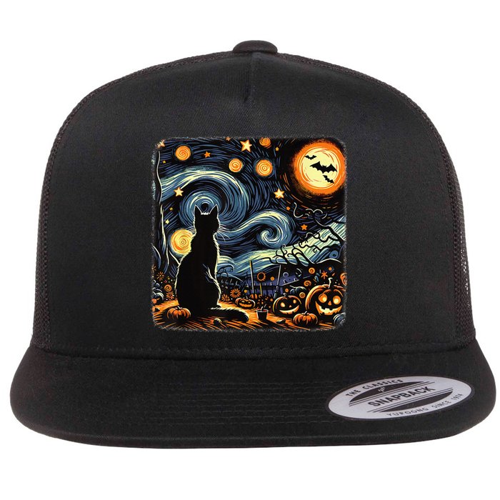 Halloween Van Gogh Starry Night Black Cat Pumpkins Bats Flat Bill Trucker Hat