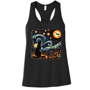 Halloween Van Gogh Starry Night Black Cat Pumpkins Bats Women's Racerback Tank