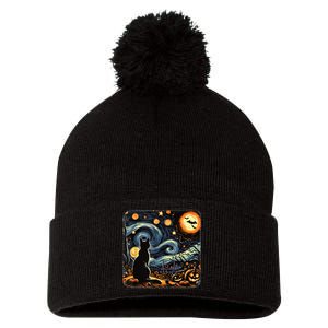 Halloween Van Gogh Starry Night Black Cat Pumpkins Bats Pom Pom 12in Knit Beanie