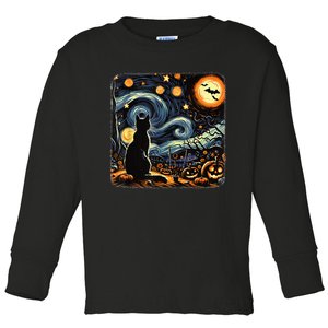 Halloween Van Gogh Starry Night Black Cat Pumpkins Bats Toddler Long Sleeve Shirt