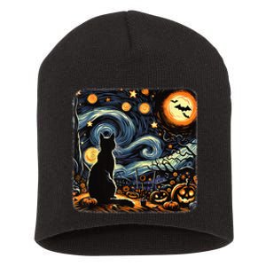 Halloween Van Gogh Starry Night Black Cat Pumpkins Bats Short Acrylic Beanie