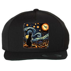 Halloween Van Gogh Starry Night Black Cat Pumpkins Bats Wool Snapback Cap