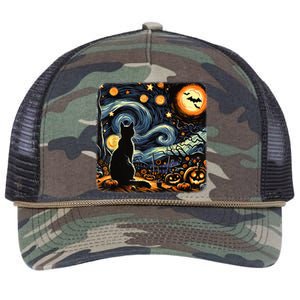 Halloween Van Gogh Starry Night Black Cat Pumpkins Bats Retro Rope Trucker Hat Cap