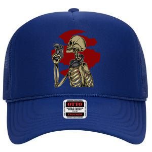 Halloween Video Game Skeleton Gamer Funny Costume For Gamer Gift High Crown Mesh Back Trucker Hat