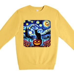 Halloween Van Gogh Starry Night Black Cat Pumpkins Bats Gift Premium Crewneck Sweatshirt