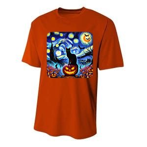 Halloween Van Gogh Starry Night Black Cat Pumpkins Bats Gift Performance Sprint T-Shirt