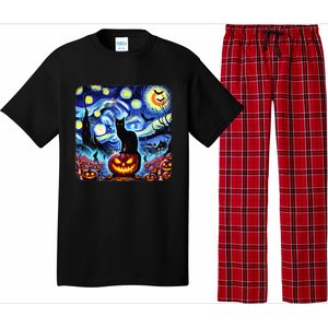 Halloween Van Gogh Starry Night Black Cat Pumpkins Bats Gift Pajama Set