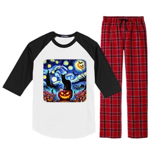 Halloween Van Gogh Starry Night Black Cat Pumpkins Bats Gift Raglan Sleeve Pajama Set