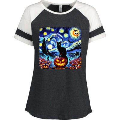 Halloween Van Gogh Starry Night Black Cat Pumpkins Bats Gift Enza Ladies Jersey Colorblock Tee