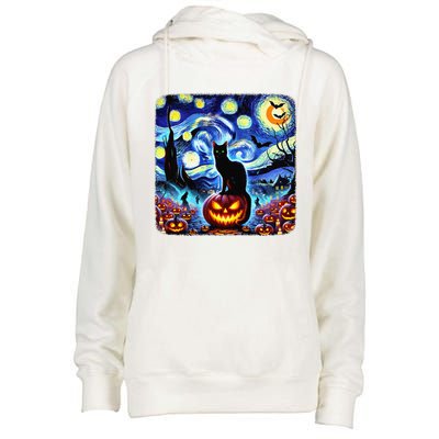 Halloween Van Gogh Starry Night Black Cat Pumpkins Bats Gift Womens Funnel Neck Pullover Hood