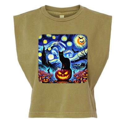 Halloween Van Gogh Starry Night Black Cat Pumpkins Bats Gift Garment-Dyed Women's Muscle Tee