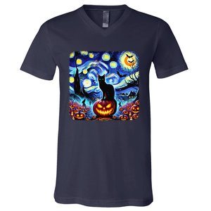 Halloween Van Gogh Starry Night Black Cat Pumpkins Bats Gift V-Neck T-Shirt