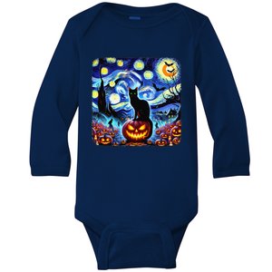 Halloween Van Gogh Starry Night Black Cat Pumpkins Bats Gift Baby Long Sleeve Bodysuit