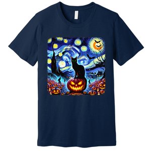 Halloween Van Gogh Starry Night Black Cat Pumpkins Bats Gift Premium T-Shirt