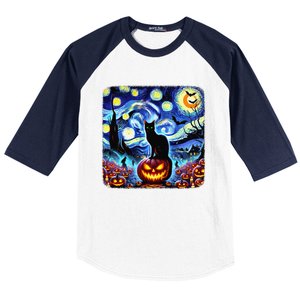 Halloween Van Gogh Starry Night Black Cat Pumpkins Bats Gift Baseball Sleeve Shirt