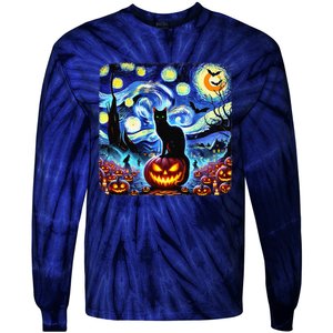 Halloween Van Gogh Starry Night Black Cat Pumpkins Bats Gift Tie-Dye Long Sleeve Shirt