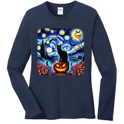 Halloween Van Gogh Starry Night Black Cat Pumpkins Bats Gift Ladies Long Sleeve Shirt