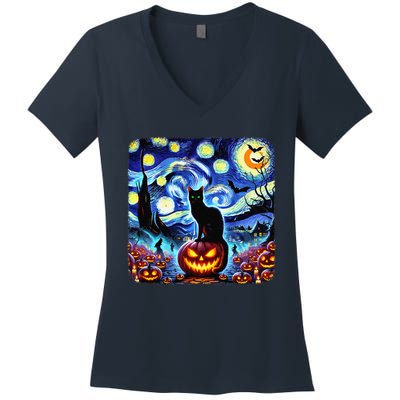 Halloween Van Gogh Starry Night Black Cat Pumpkins Bats Gift Women's V-Neck T-Shirt