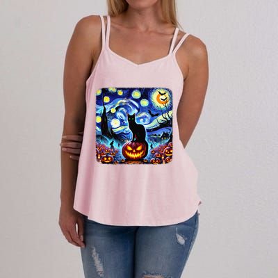 Halloween Van Gogh Starry Night Black Cat Pumpkins Bats Gift Women's Strappy Tank