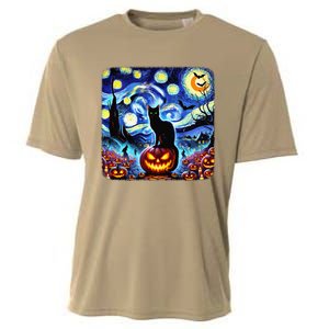 Halloween Van Gogh Starry Night Black Cat Pumpkins Bats Gift Cooling Performance Crew T-Shirt