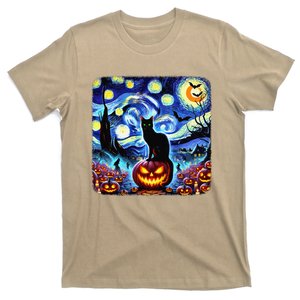 Halloween Van Gogh Starry Night Black Cat Pumpkins Bats Gift T-Shirt