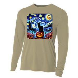 Halloween Van Gogh Starry Night Black Cat Pumpkins Bats Gift Cooling Performance Long Sleeve Crew