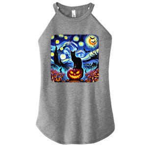 Halloween Van Gogh Starry Night Black Cat Pumpkins Bats Gift Women's Perfect Tri Rocker Tank