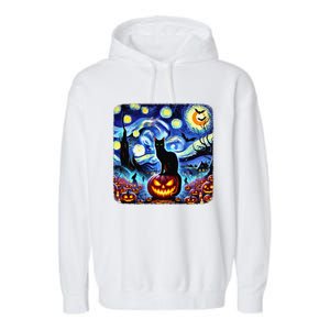 Halloween Van Gogh Starry Night Black Cat Pumpkins Bats Gift Garment-Dyed Fleece Hoodie