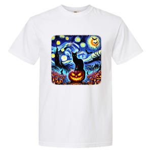 Halloween Van Gogh Starry Night Black Cat Pumpkins Bats Gift Garment-Dyed Heavyweight T-Shirt