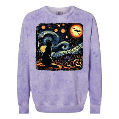 Halloween Van Gogh Starry Night Black Cat Pumpkins Bats Colorblast Crewneck Sweatshirt