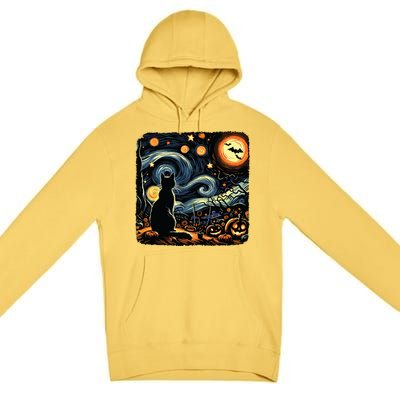 Halloween Van Gogh Starry Night Black Cat Pumpkins Bats Premium Pullover Hoodie