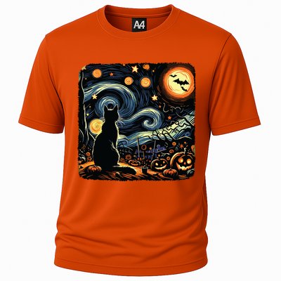 Halloween Van Gogh Starry Night Black Cat Pumpkins Bats Cooling Performance Crew T-Shirt