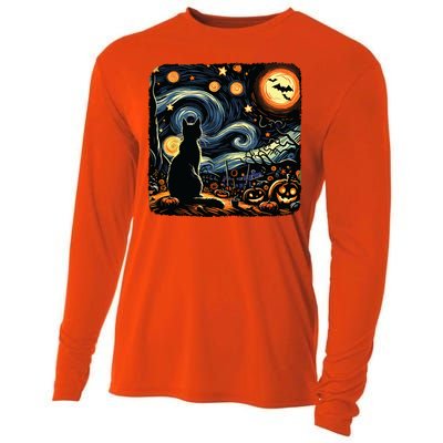 Halloween Van Gogh Starry Night Black Cat Pumpkins Bats Cooling Performance Long Sleeve Crew