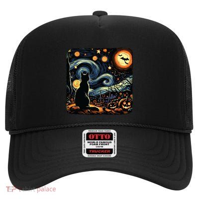 Halloween Van Gogh Starry Night Black Cat Pumpkins Bats High Crown Mesh Back Trucker Hat