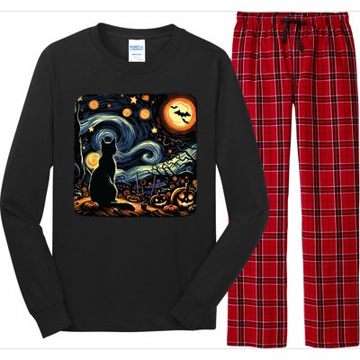 Halloween Van Gogh Starry Night Black Cat Pumpkins Bats Long Sleeve Pajama Set