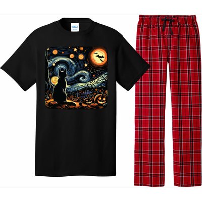 Halloween Van Gogh Starry Night Black Cat Pumpkins Bats Pajama Set