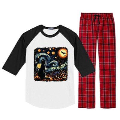 Halloween Van Gogh Starry Night Black Cat Pumpkins Bats Raglan Sleeve Pajama Set