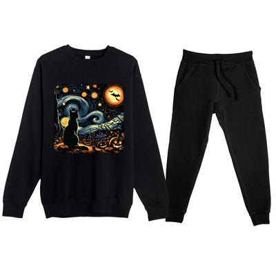 Halloween Van Gogh Starry Night Black Cat Pumpkins Bats Premium Crewneck Sweatsuit Set